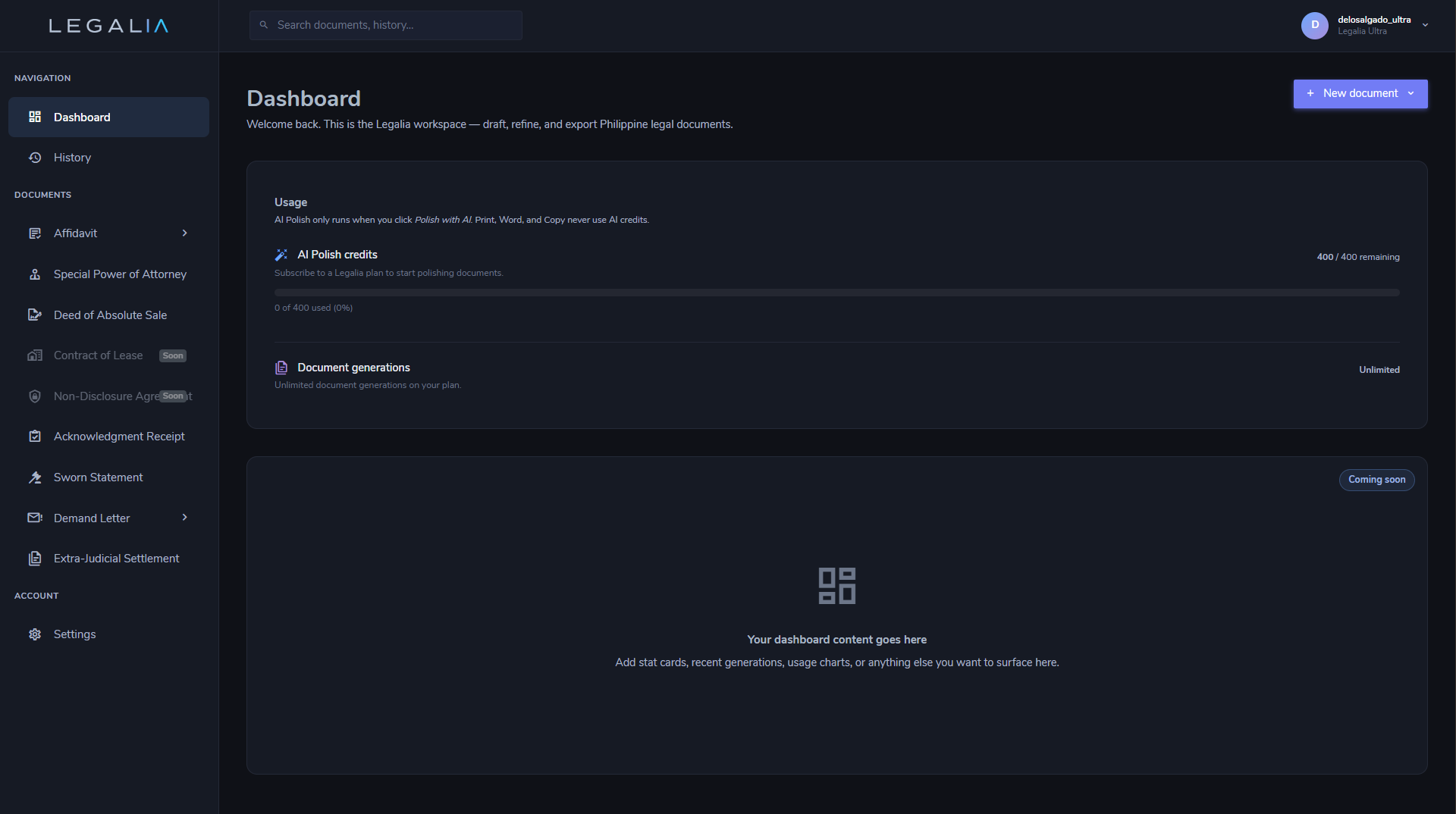 Legalia document library dashboard — grouped by Affidavits, Contracts, and other Philippine legal document types
